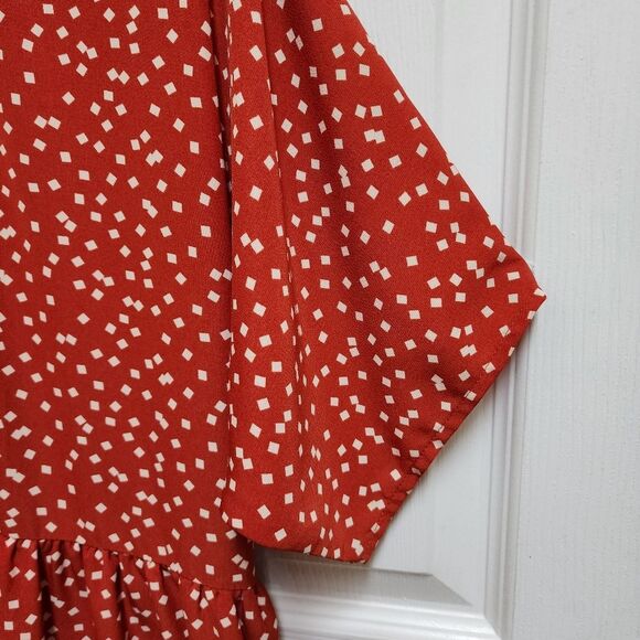 Jodifl Dress Medium Red Polka Dot Button Front V Neck Short Sleeve Pockets Boho - Picture 6 of 11
